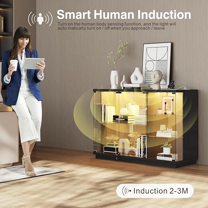 Lvifur Glass Display Cabinet with Lock & LED Light, High Gloss Sideboard with Human Body Sensor & Glass Shelves for Toys, Books, Collectibles, Liquor, Bookcase for Living Room, Kitchen, Study, Black