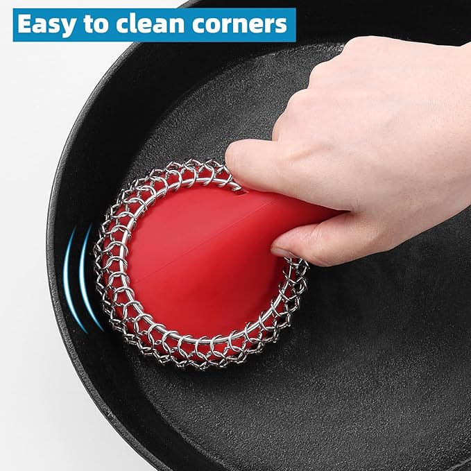 SUBEKYU Cast Iron Scrubber with Silicone Handle, Stainless Steel Cast Iron Skillet Cleaner Chainmail Scrubber for Cast Iron Pans, Red