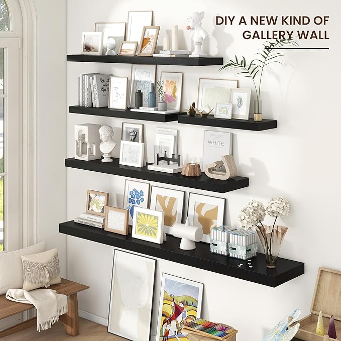 Floating Shelves for Wall 72"W x 11.6"D x 2"H, Long Engineered Wood Wall Shelves with Invisible Brackets for Living Room Bedroom Bathroom Office Kitchen Decor and Storage, Black Finish, Set of 1