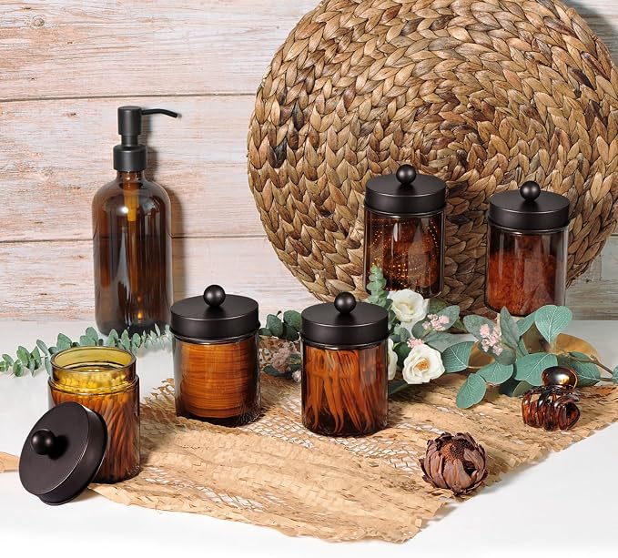 Amolliar Amber Glass Apothecary Jars Qtip Holder w/Metal Lids, Bronze 2pc - Image 7