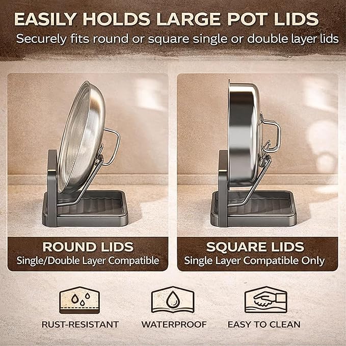 Kitchen Pot Lid Storage Rack, Heat-Resistant Pot Lid Holder While Cooking with Tray, Multifunctional Pot Lid Holder Organizer Rack, Lid and Spoon Rest for Countertop, Stove Top (Single-layer Beige)