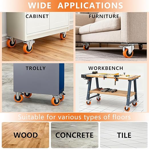 Caster Wheels, 2" Casters Set of 4 Heavy Duty - Locking Casters Orange Polyurethane Wheel, Swivel Plate Caster with Brake, Non-Marking Castor Wheels for Carts Furniture and Workbench