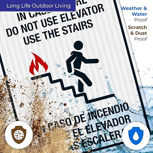 in Case of Fire Do Not Use Elevator Use The Stairs Bilingual Sign, Fire Safety Sign, 24x30 Inches, 3M EGP Reflective .080 Aluminum, Fade Resistant, Indoor/Outdoor Use, Made in USA