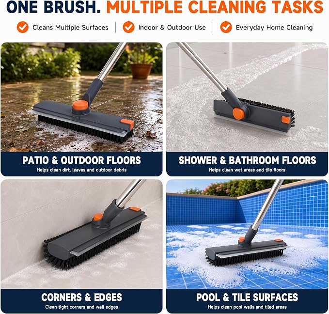 Floor Scrub Brush with Long Handle, 3-in-1 with Squeegee & Stiff Bristles | - Image 5