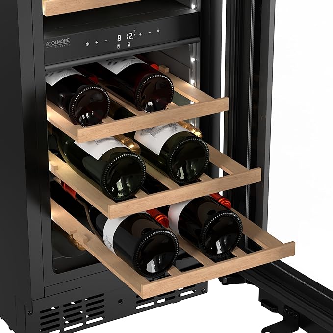 KoolMore Reserve 15 in. Under-Counter Panel Ready Dual Zone Built-in Wine Cooler with 23 Bottle Capacity and Wooden Shelves in Black, ETL Listed (KM-CW28DZ-WPR)