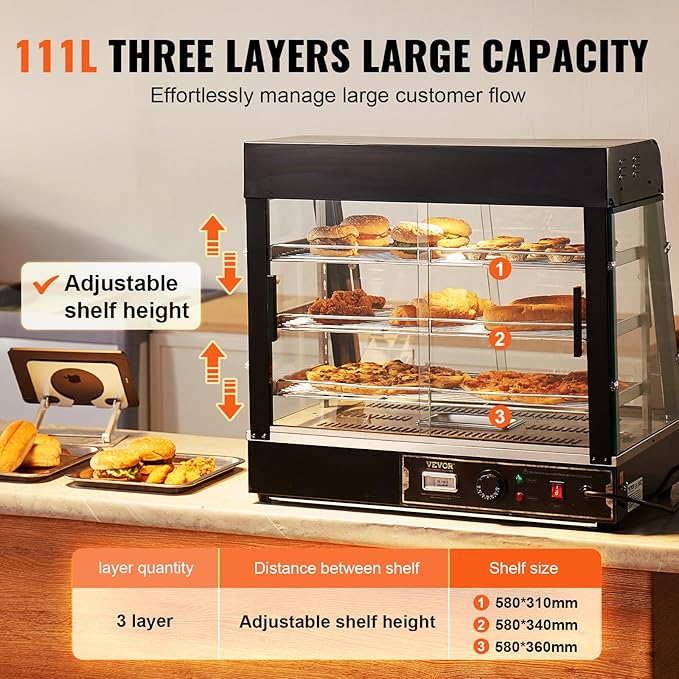 VEVOR 3-Tier Commercial Food Warmer Display, 1200W Food Display Warmer with Light, Adjustable Shelf and Temperature Display, 86℉~185℉ Steam Heating, 111L for Hamburger, Pizza, Bread, Fried Chicken