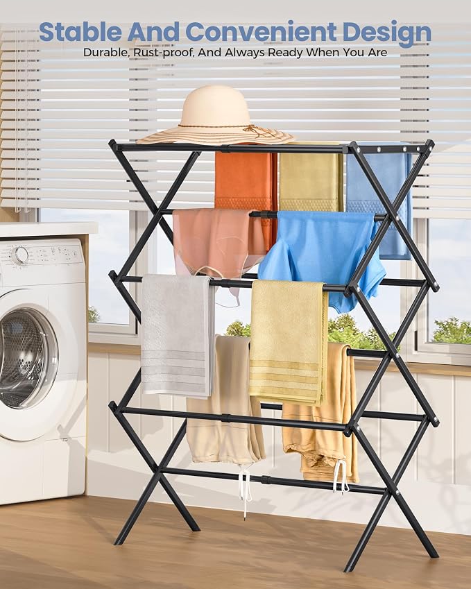 Oversize 3-Tier Clothes Drying Rack, No Install, Non-slip feet, Tool-free Setup - Image 8