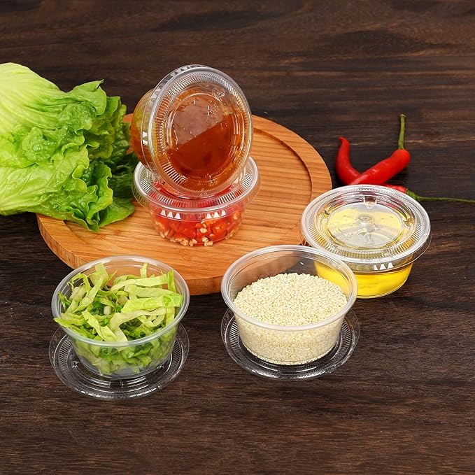 EDI Clear Disposable Plastic Portion Cups with Leakproof Lids | Jello Shot & Condiment Cups | 3.25 OZ, 100 Sets | BPA Free & Recyclable
