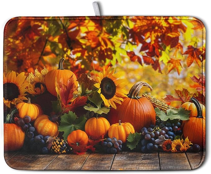 Fall Dish Drying Mat Autumn Harvest Pumpkin Maple Leaf Sunflower Drying Mats by Kwlegh