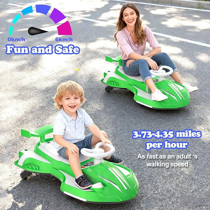 12V Electric Wiggle Car With Pedal, Ride On Car Toy For Kids From Ages 3 And Up, Birthday Gifts for Boys and Girls, Anti-Rollover, Flashing Wheels, Bluetooth, 140Lbs, Tailpipes jet effect(Green+White)