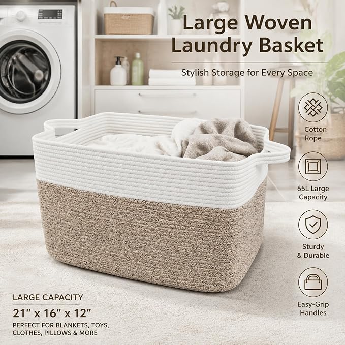 65L Laundry Basket with Handles, Woven Blanket Basket - Image 5