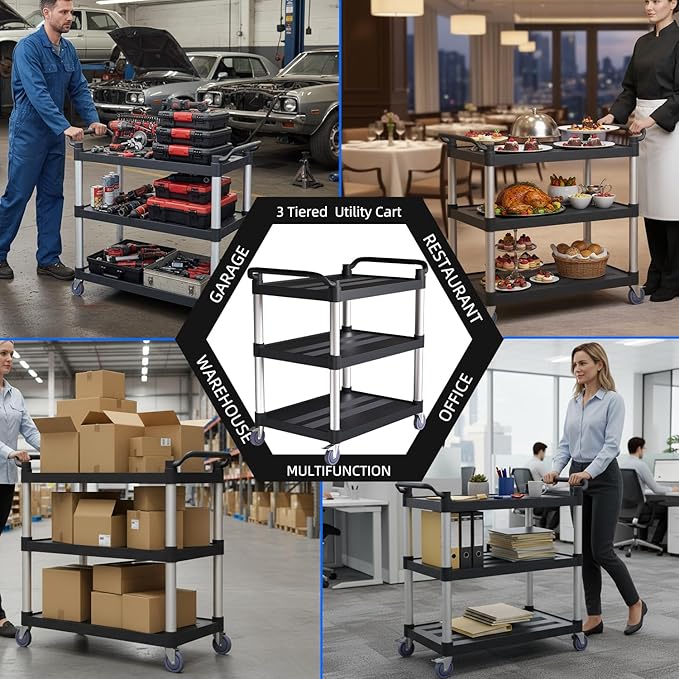 Utility Cart with Tangle-Free Wheels, 3 Tier Rolling Cart with Wheels(2 with Brakes), Heavy Duty 350 Lbs Capacity,Commercial Serving Cart for Home, Office, Restaurant, Warehouse.34 L x 17" W x 38" H