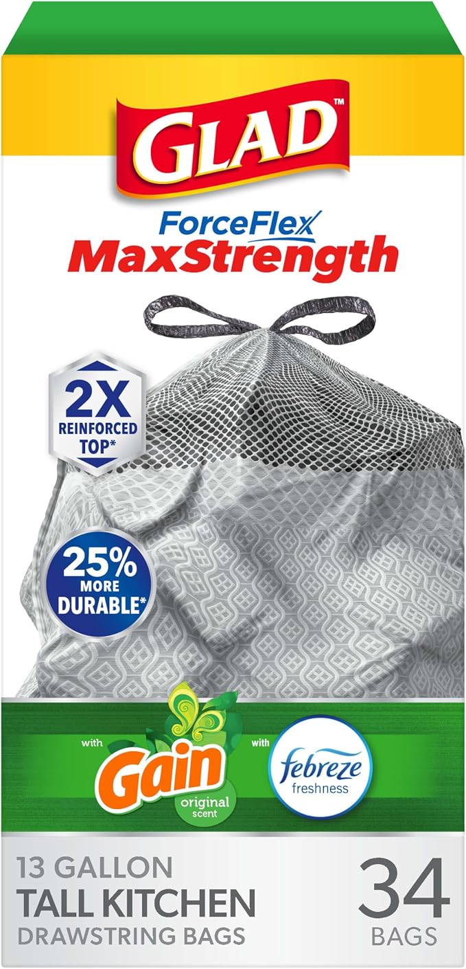 Gain ForceFlex MaxStrength Tall Kitchen Trash Bags, 13 Gal, Gain Original by GladTrashFoodStorage