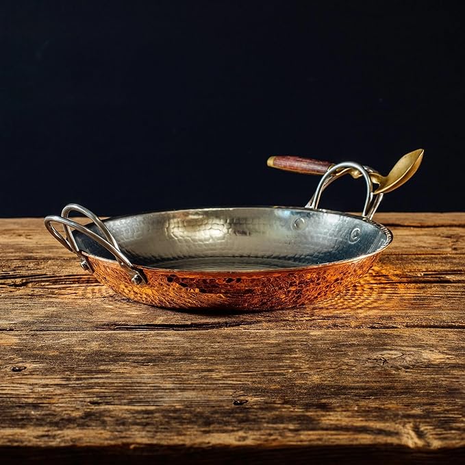 Sertodo 10 Inch Hand-Hammered Copper Paella Pan | Heavy-Gauge Pure Copper Frying Pan & Skillet | Artisan Cookware for Cooking & Serving – Alicante Style