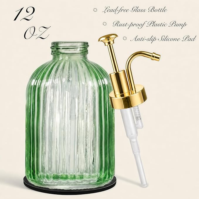 SheeChung 12oz Green Glass Liquid Soap Dispenser, 2 Pack | Elegant Hand Soap - Image 4