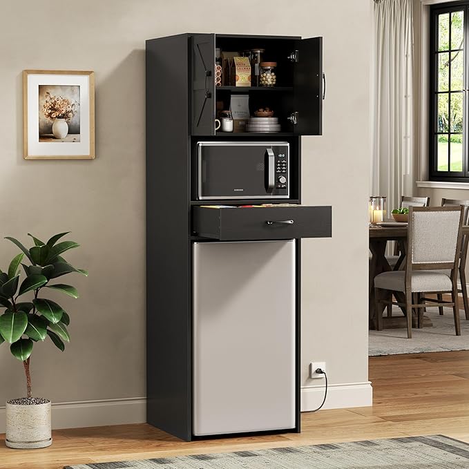 Mini Fridge Stand with Storage and Power Outlet, Coffee Bar Cabinet with Microwave Shelf, – Fits Most Mini Fridges and Wine Coolers, for Dorm, Kitchen, or Office Black KH03MRB