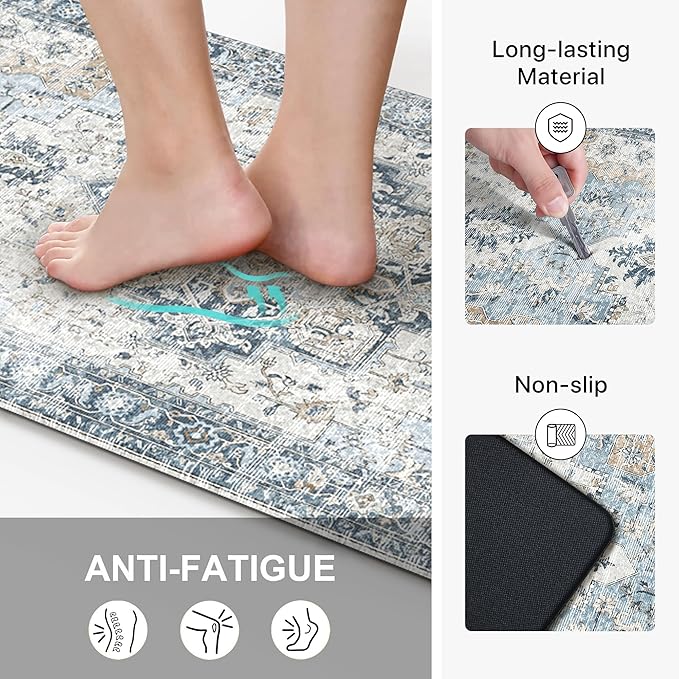 GENIMO Kitchen Mats for Floor, Washable Anti Fatigue Mat for Cushioned,17.3"x59", Waterproof Kitchen Rugs, Non Slip Foam Comfort Standing Mat Rug for Home, Runner, Sink, Office, Laundry, Light Blue