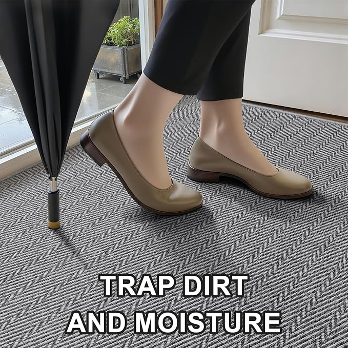 Ultra Thin Door Mat Indoor Entrance 36"x59", Low-Profile Indoor Door Mat, Large Non Slip Entry Mat Rubber Backing Unique Herringbone Design Inside Doormat Dirt Trapper Entryway Mats, Grey