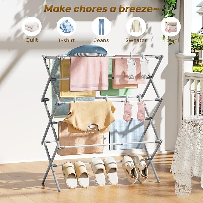 KINGBOARD 3-Tier Extendable Clothes Drying Rack, Space-Saving Collapsible - Image 7