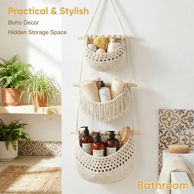 Macrame 3-Tier Hanging Wall Basket, Handwoven Jute Storage Organizer, Boho Decor - Image 4