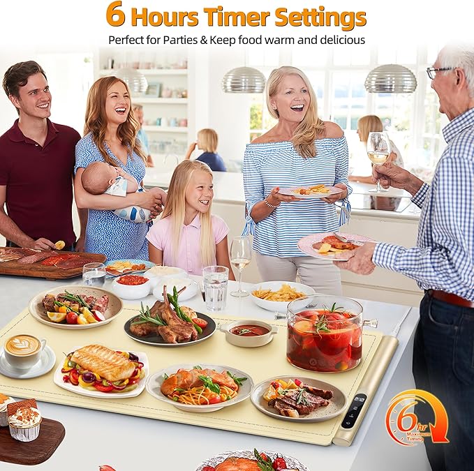 Graphene Food Warming Mat, Extra Large (XXL 36”x 16") Electric Warming Tray with 6 Temp Settings, Portable Food Warmers for Buffets Party Countertop, Practical Gifts for Mom Wife, Beige