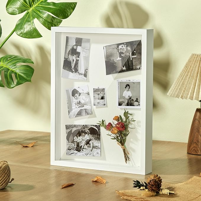 12x16 Shadow Box Display Case Picture Frame with Soft Linen Back, Large Deep White Shadow Box 12x16 for Flowers Medal Display Case Jersey pet Graduation Memorabilia Baby Ltems Crafts Photos