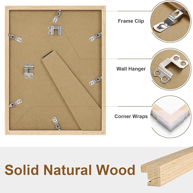 Vittanly 8.5x11 Picture Frame, Solid Wood Frame with Plexiglass, Includes 6x8 Mat, Wall Hanging or Tabletop for Photos, Home Decor, Natural, 1 Pack