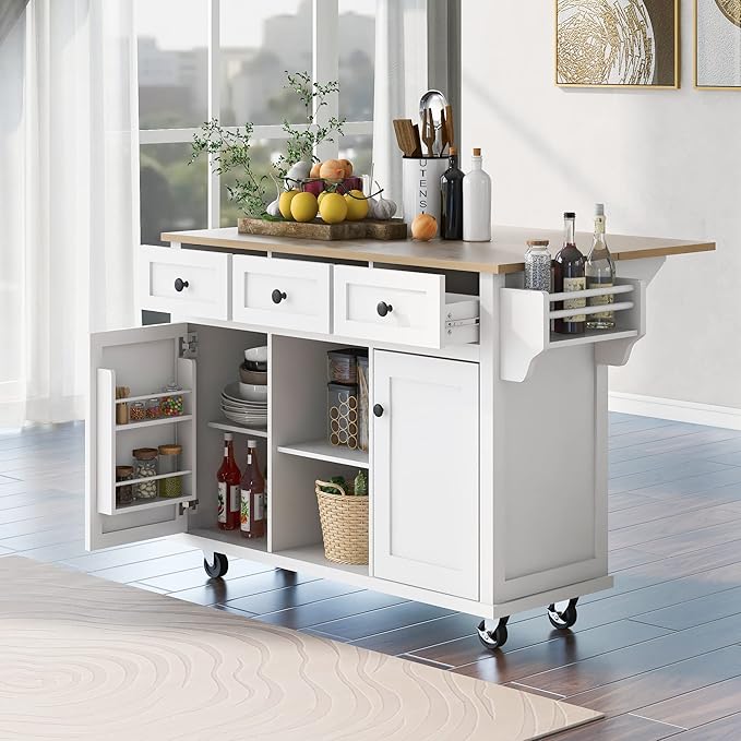 Merax Rolling Mobile Kitchen Island Cart Breakfast Bar with Wood Top, Door Internal Storage Racks, 3 Drawers and 5 Wheels for Dining Room