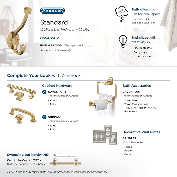 Amerock Adare Double Prong Champagne Bronze Wall-Mounted Hook | Decorative wall - Image 6