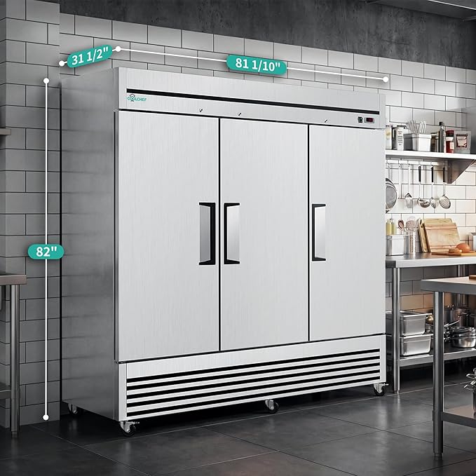 COOLCHEF 81" Commercial Refrigerator 72 Cu.Ft, Stainless Steel 3-Door Reach-in Fridge, 33–40℉, Air Cooling, LED Light, 9 Shelves, R290, ETL