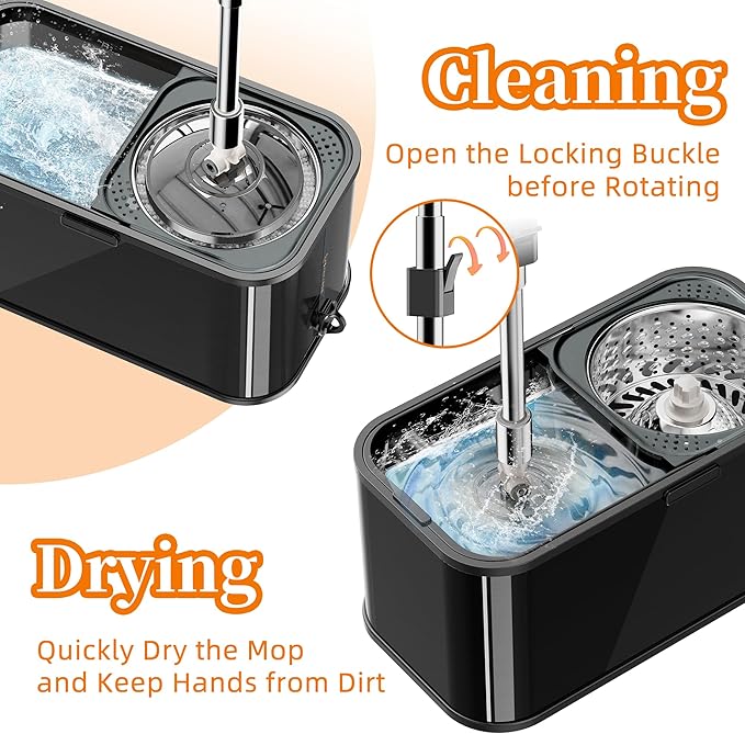Spin Mop and Bucket with Wringer Set for Home,360° Mop and Bucket with Separate Clean and Dirty Water,Wet Dust Mop for Floor Cleaning with Extra Refills (Black)