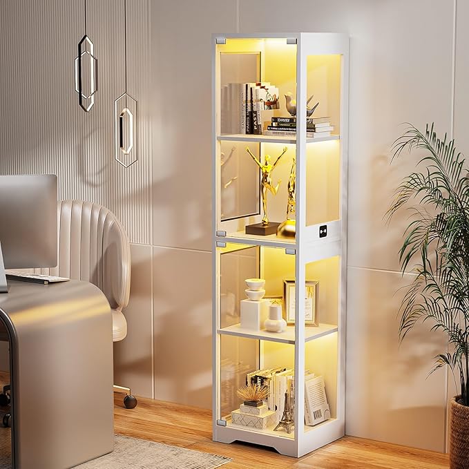 Glass Display Cabinet, 4-Tier Curio Cabinets with 3 Color Lights for Collectibles, Storage Cabinet with Door, Glass Display Case & Bookcase with Human Body Sensor, White