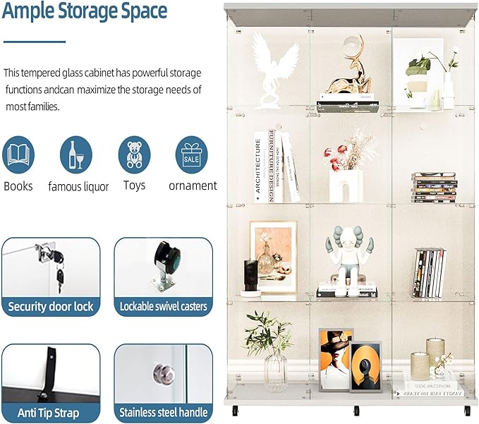 Yoluckea 4 Tiers Glass Display Cabinet Extra Large with Bluetooth LED Light Strip, 2 Doors Floor Standing Curio Cabinet with Universal Wheel for Home, White Glass Bookshelf for Collections, Wood Top