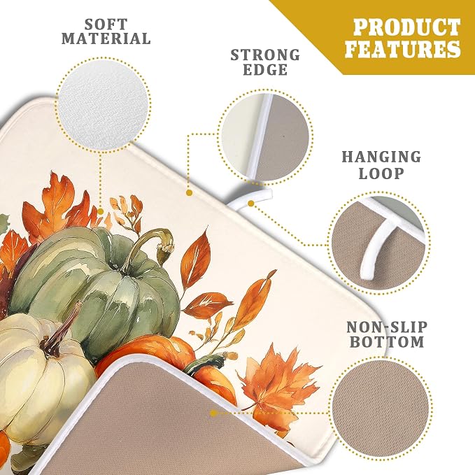Giwawa Fall Pumpkin Dish Drying Mat Autumn Leaves Absorbent Dishes Pad 16x18 - Image 4