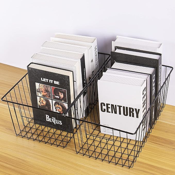16inch Freezer Storage Organizer Baskets, Refrigerator Metal Wire Basket Bins with Handles for Kitchen, Pantry, Cabinet, Closets(Black, 3Pack)
