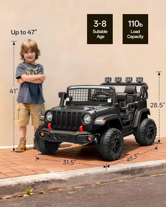 2 Seater Ride on Car Toy, 12V Electric Car for Kids 4-8 with Remote Control, Capacity 110 lb, LED Light - Black