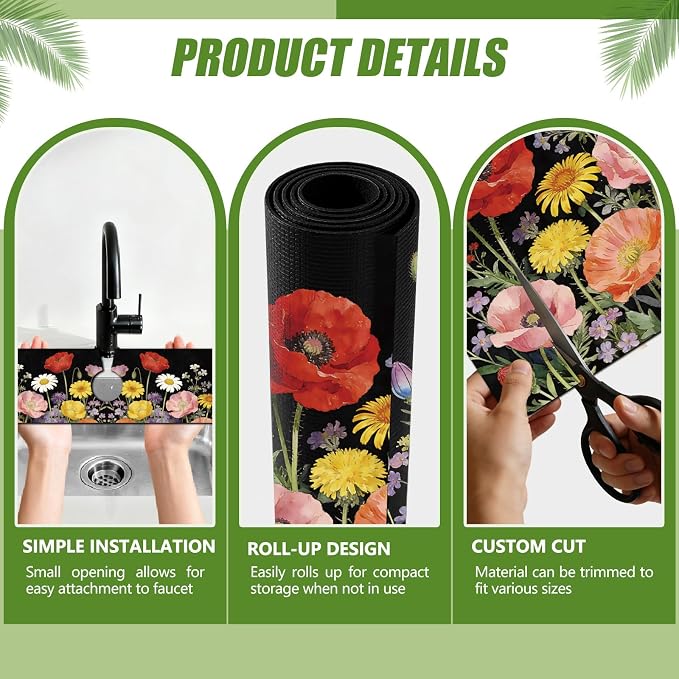 3 Pcs 2 Size Kitchen Sink Splash Guard Faucet Mat Wildflower Pattern Faucet Mats - Image 3