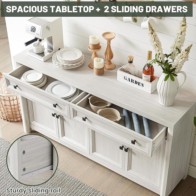 Farmhouse Sideboard Buffet Cabinet with Drawers, 59" Large Credenza Kitchen Storage Cabinets with Shelves & 4 Doors, Wood Rustic Coffee Bar Console Table for Living Room, White