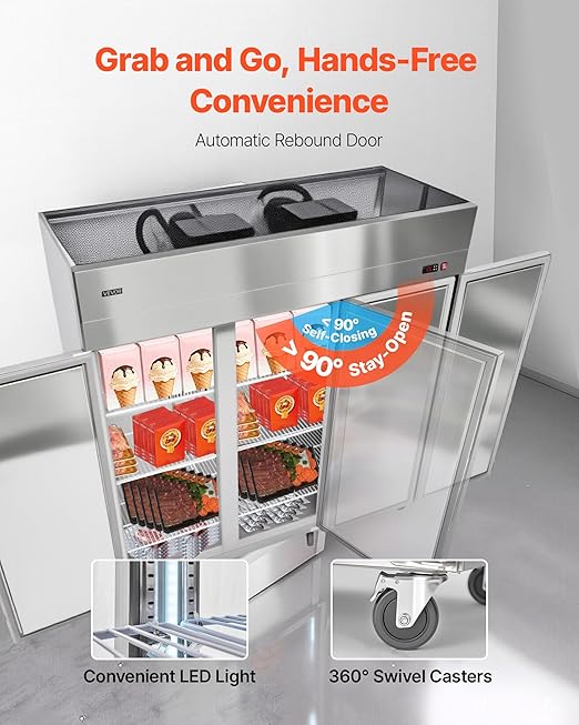 VEVOR Commercial Reach-In Freezer 72" W, 52 Cu.Ft Stainless Steel Upright Freezer with Three Doors, Auto-Defrost, 12 Adjustable Shelves, -11 to 14℉ Temp Control, UL Certified