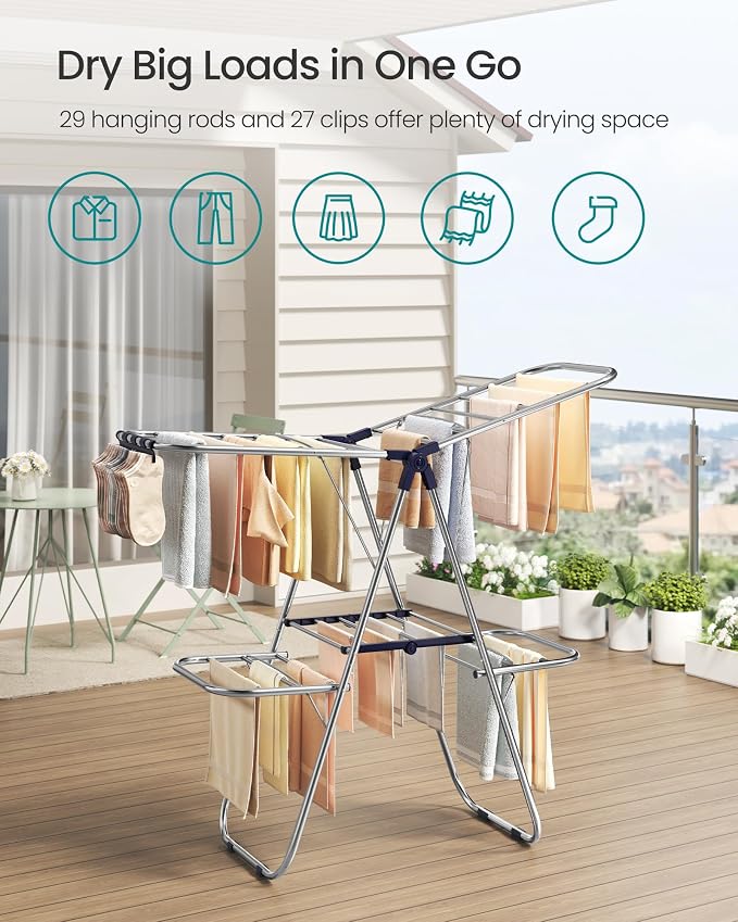 SONGMICS Clothes Drying Rack, Foldable Laundry Drying Rack, Metal Clothes Airer - Image 3