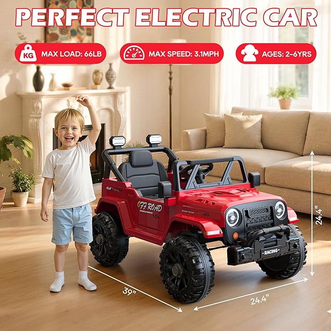 12V Ride On Truck Car with Remote Control, Kids Electric Vehicles with Bluetooth Music, Horn, 3 Speeds, 4 LED Lights, Soft Start, Ride on Toys for Toddler Boys & Girls (Red)