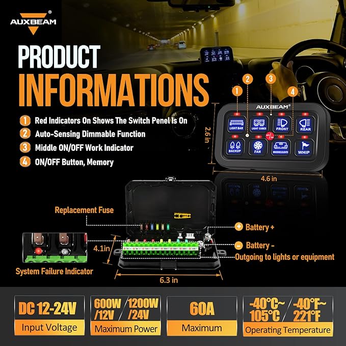 Auxbeam 8 Gang Switch Panel BA80 Automatic Dimmable LED Touch Control Panel Box Electronic Relay System Car Touch Switch Box Universal for Truck ATV UTV Boat Marine SUV Caravan -Blue, 2 Years Warranty