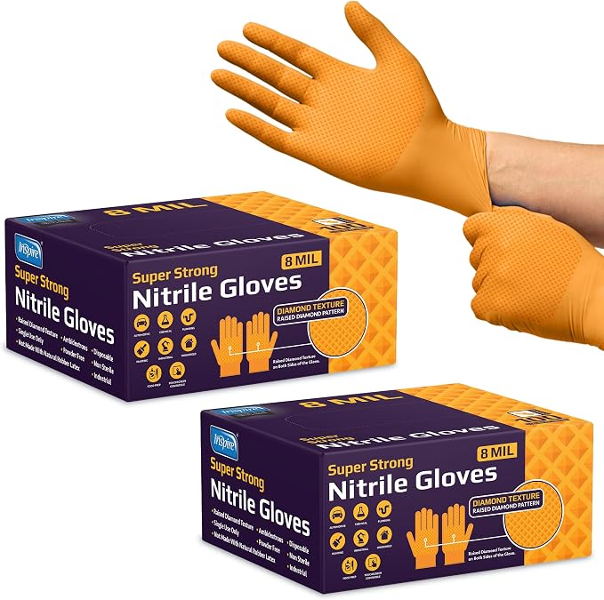Inspire Heavy Duty Orange Nitrile Gloves | ULTRA 8 Mil Diamond Textured Grip | by Inspire