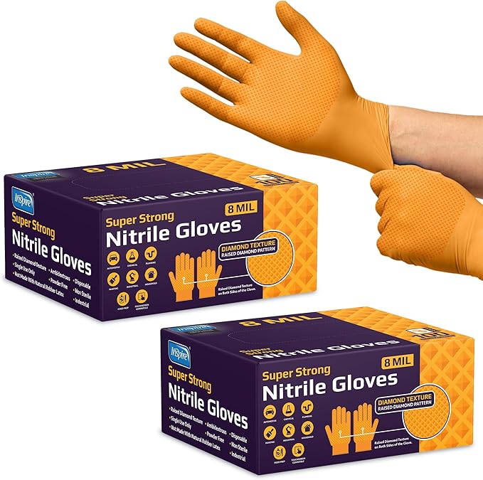 Inspire Heavy Duty Orange Nitrile Gloves | ULTRA 8 Mil Diamond Textured Grip | by Inspire