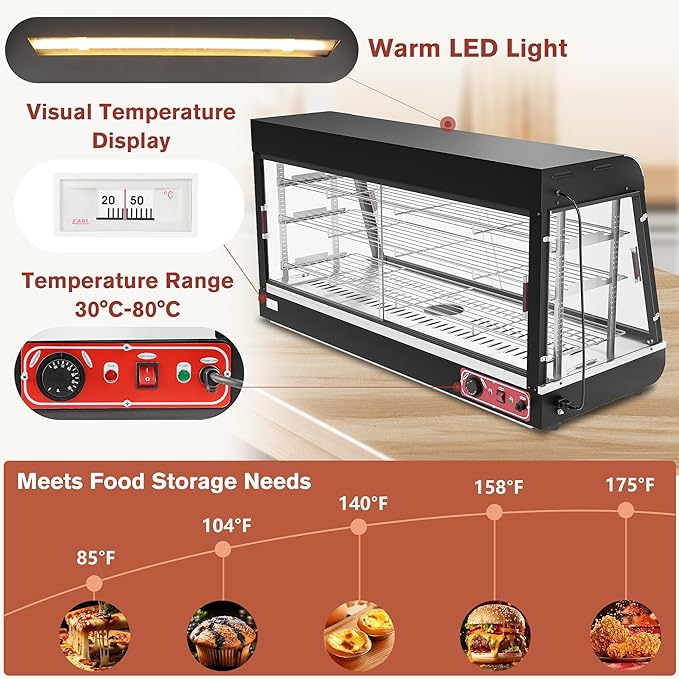 27 inch Food Display Warmer Case,3-Tier Countertop Food Warmer Display, Glass Showcase, with Removable Shelves,LED Lighting Pastry for Catering Pizza Buffet Restaurant
