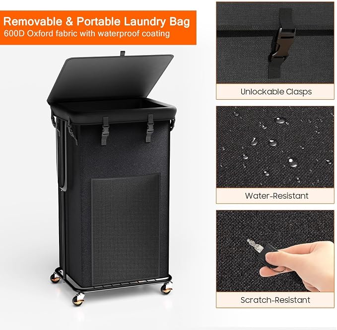 100L Laundry Hamper with Lid & Wheels, Rolling Laundry Basket with Bag - Image 5