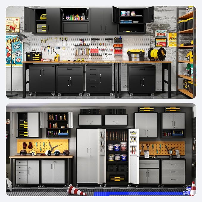 Metal Tool Cabinet,Garage Storage Cabinet System,Wall Cabinet & Locking Rolling Tool Cabinet with Doors and Adjustable Shelves,Steel Tool Cabinets for Home (3 Pcs-StyleA, Black)