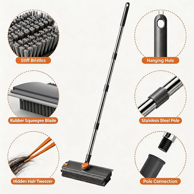 3-in-1 Floor Scrub Brush with Long Handle, Rotating Head Squeegee & Tweezer | - Image 4