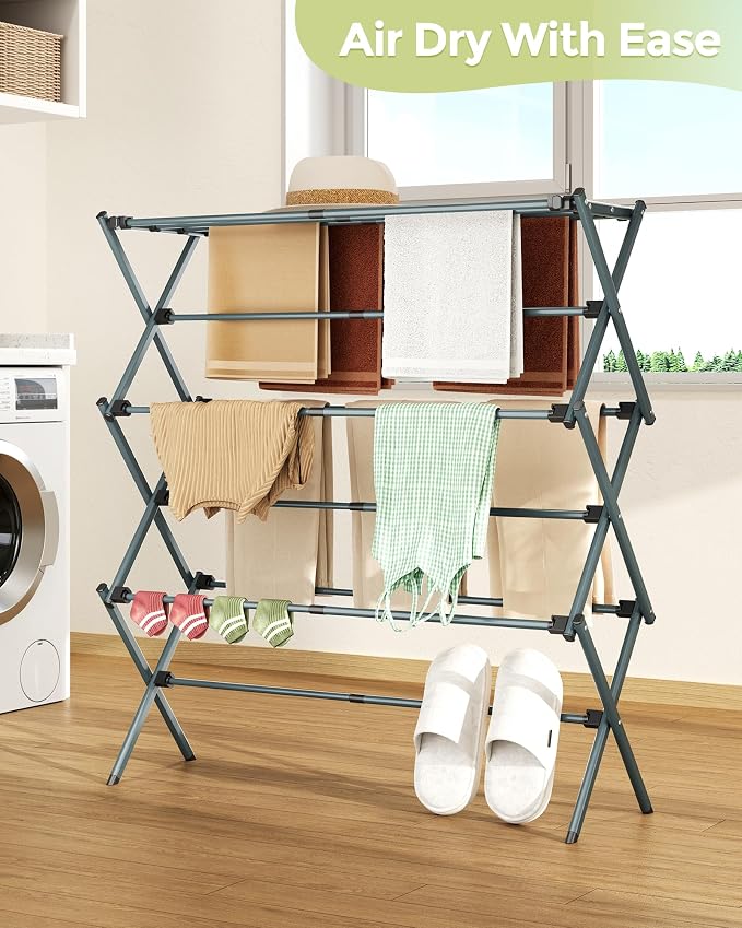 3-Tier Foldable Clothes Drying Rack, 37.6" H, Tool-free Assembly, Extendable - Image 2