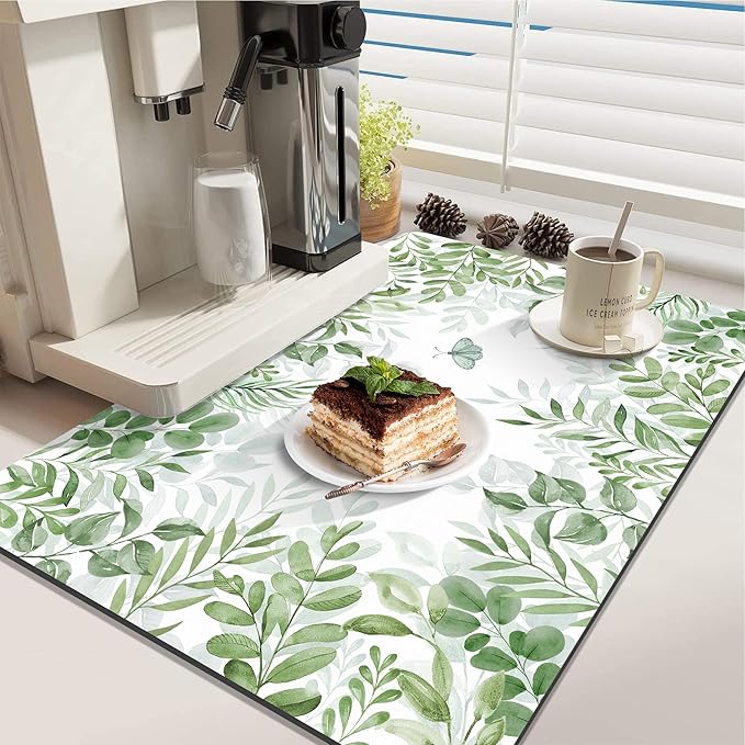 LOKHOM 18"x24" Dish Drying Mat， Green Plant Coffee Mat | Floral Butterfly Prints - Image 2